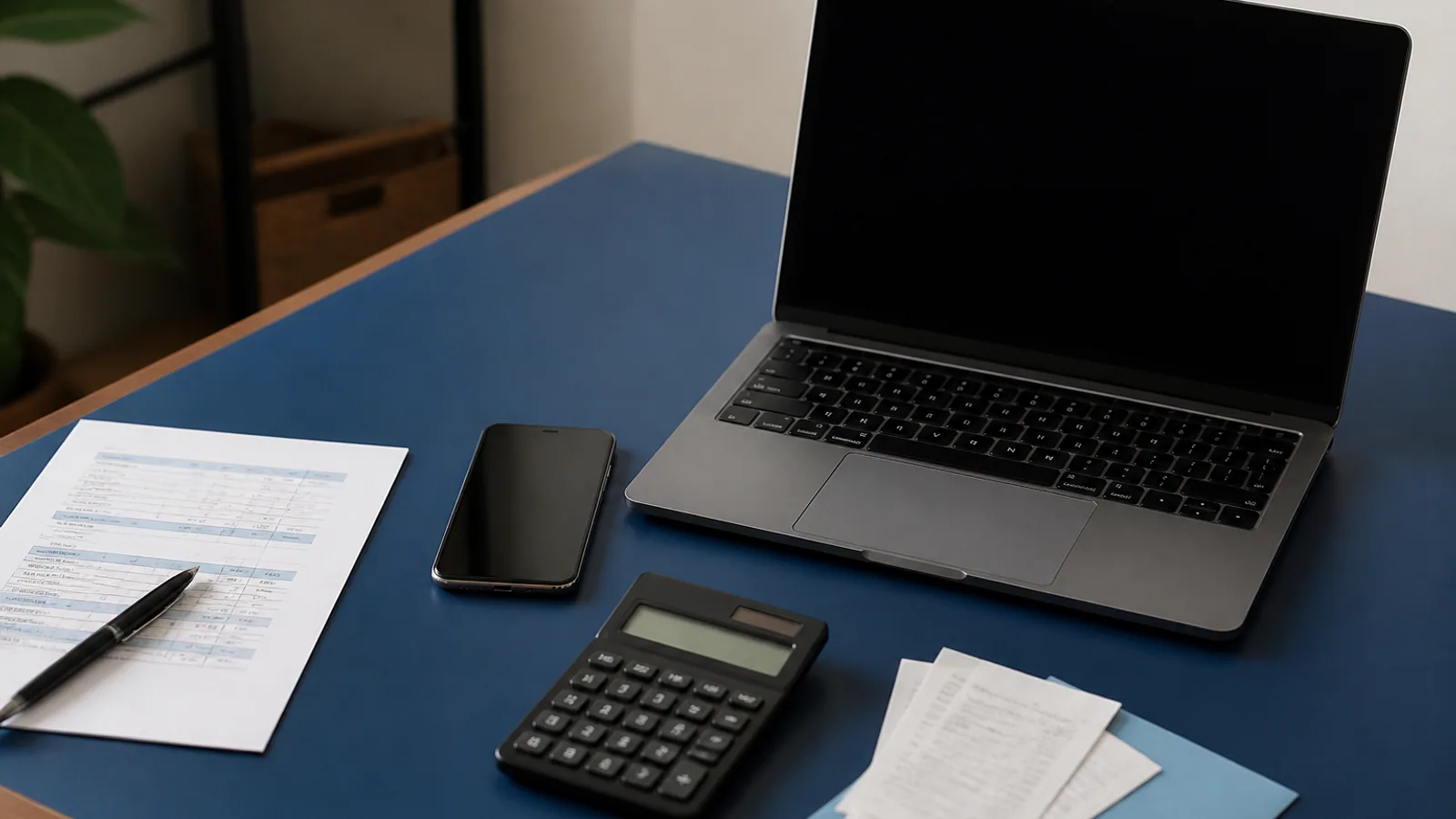 Phone, laptop, comparison notes, calculator, and payment receipts on a blue desk.