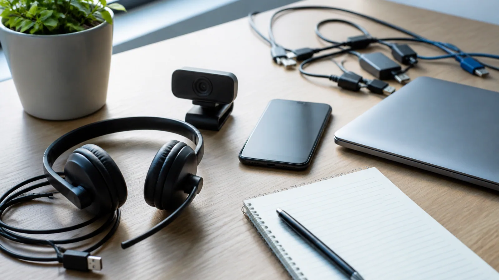 Headset, webcam, smartphone, notepad, laptop, and cables arranged on an office desk.