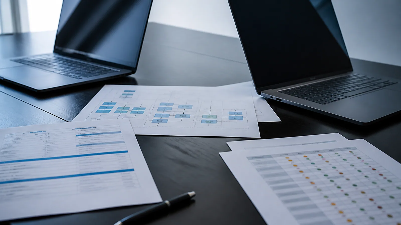 Printed proposals, comparison scorecards, architecture diagrams, and closed laptops fill a software procurement desk.