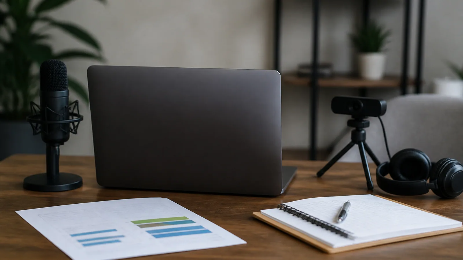 Laptop, webcam, microphone, headphones, and printed comparison notes on a tidy desk.