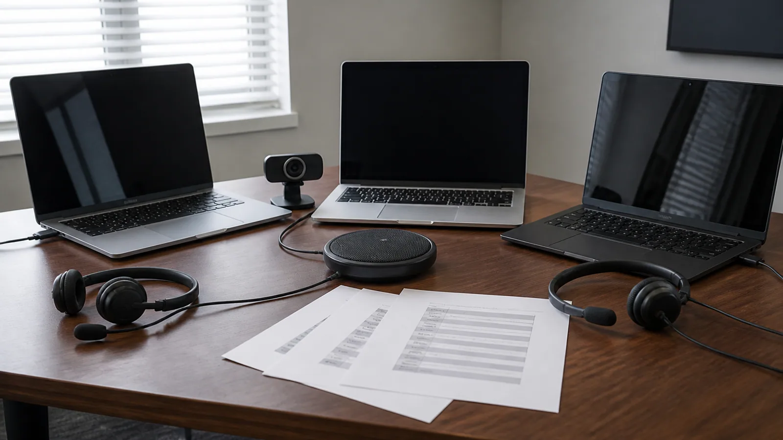 Laptops, headsets, webcam, speakerphone, and comparison notes arranged on a business desk.