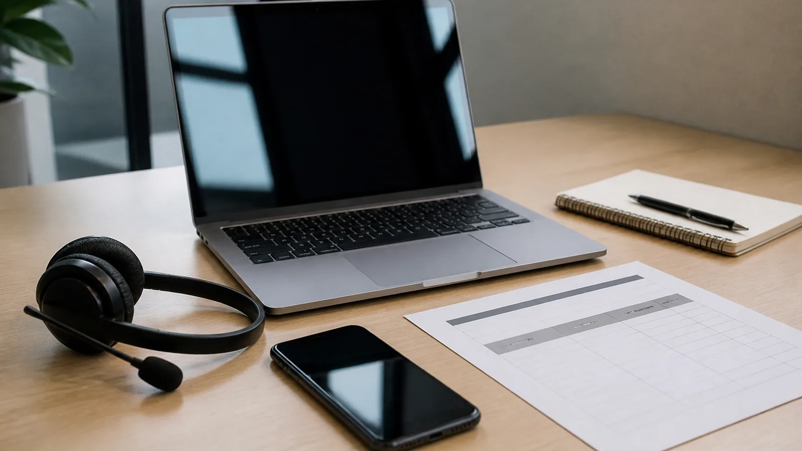 Headset, smartphone, laptop, and printed comparison sheet arranged on a quiet support desk.