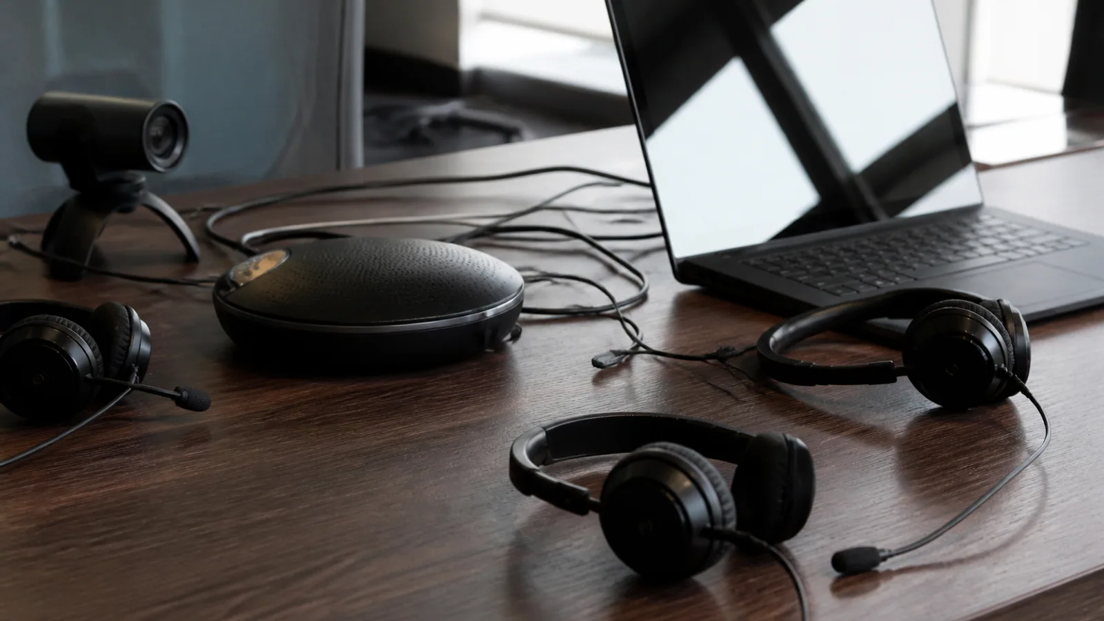 USB headsets, a speakerphone, webcam, cables, and a dark laptop occupy a communications desk.