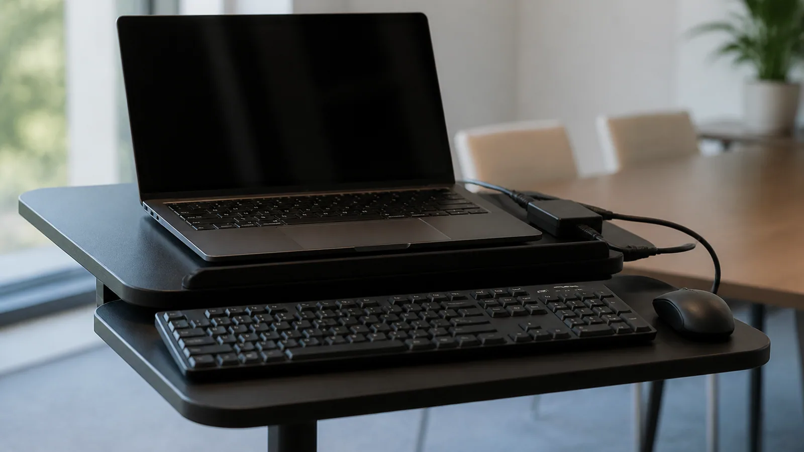 Laptop, desktop keyboard, power cable, and travel mouse arranged on a portable lectern.
