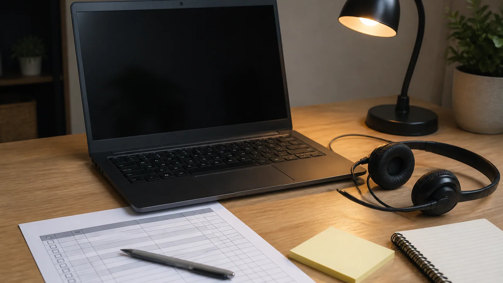 Laptop, webcam, headset, printed checklist, sticky notes, and notepad arranged on a home-office desk.