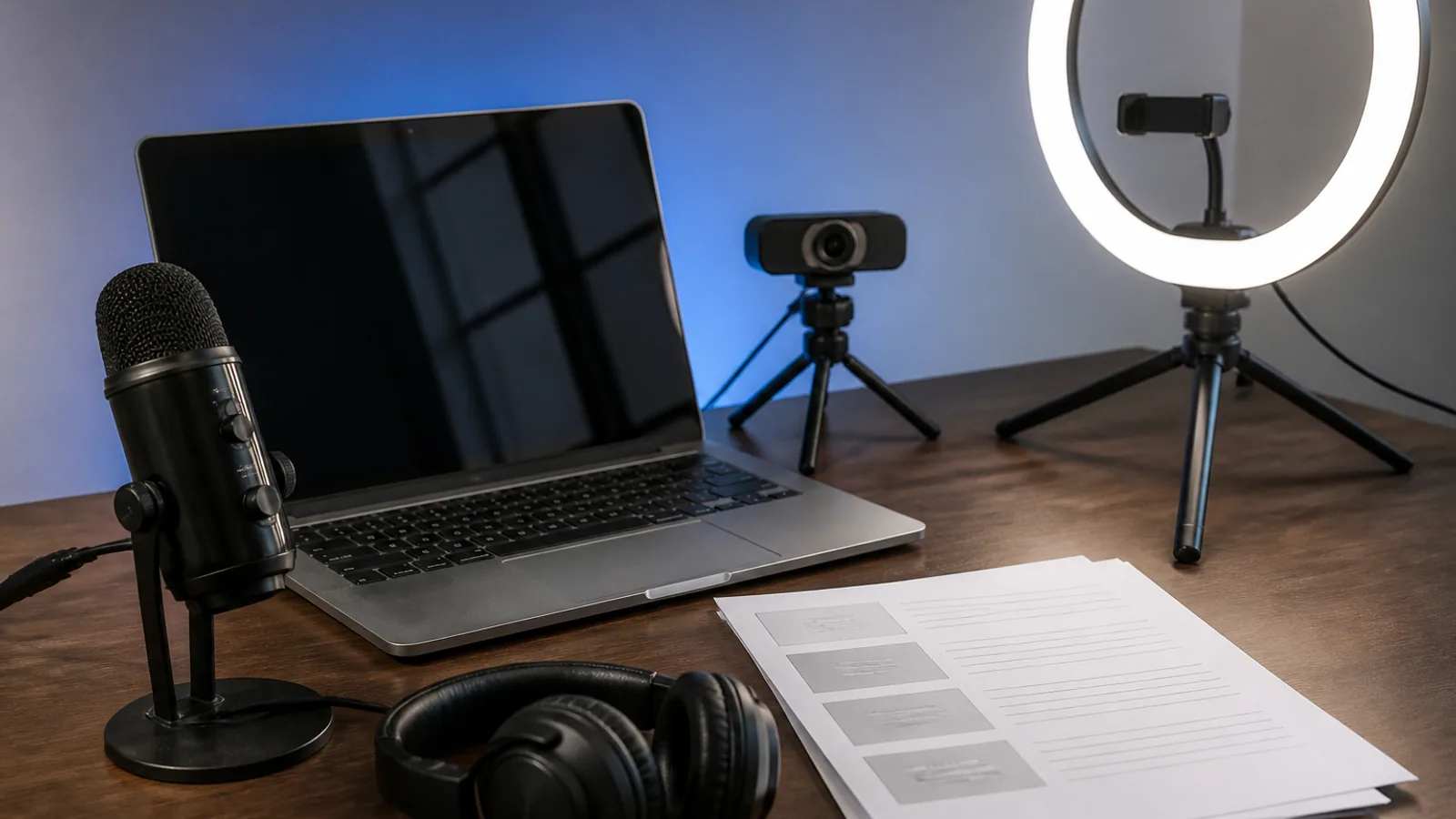 Laptop, webcam, microphone, headphones, ring light, and presentation notes arranged on a desk.