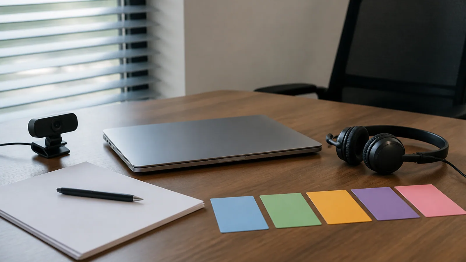 Laptop, webcam, headset, handwritten notes, and comparison cards rest on a walnut workspace.