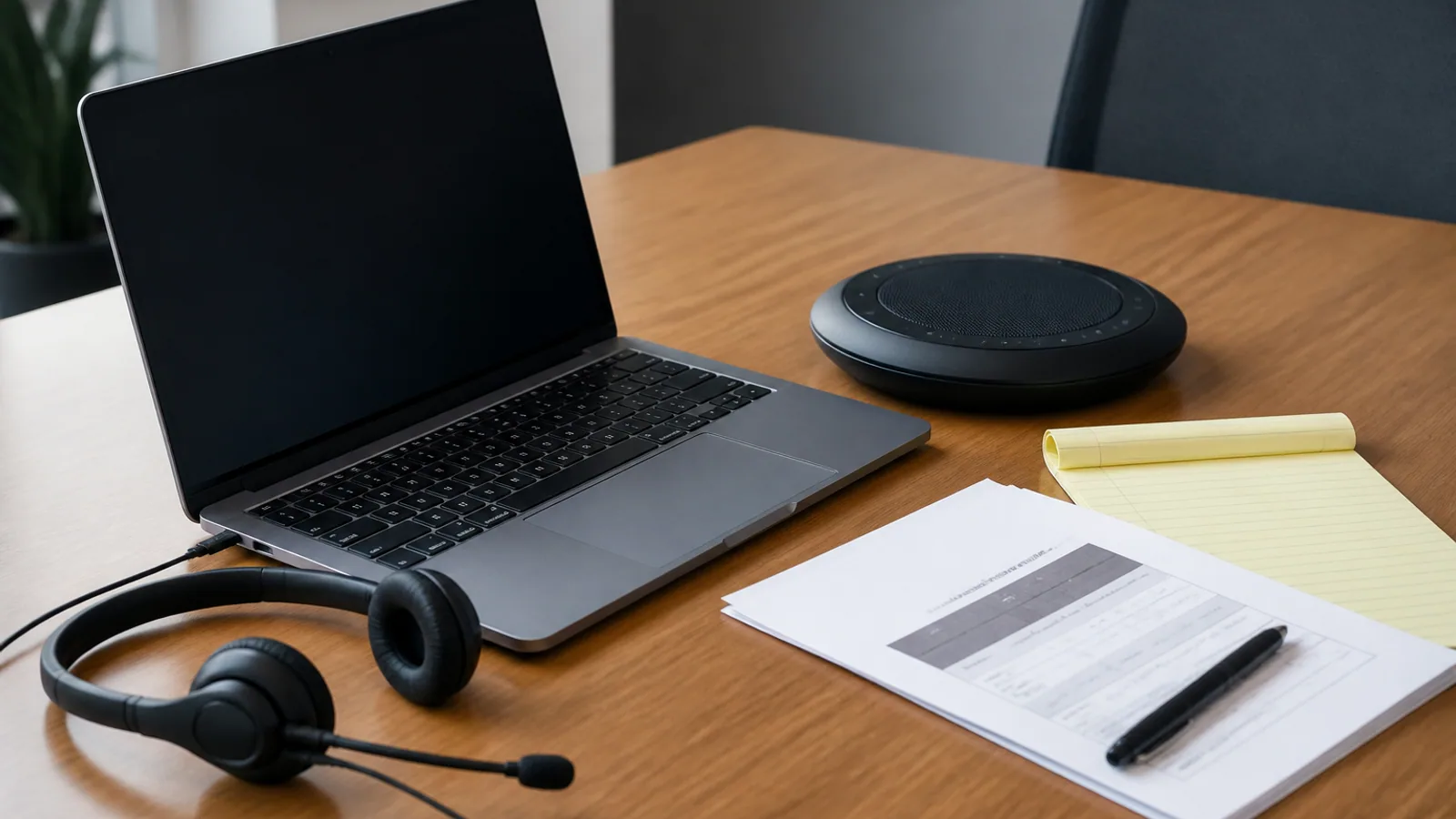 Laptop, headset, speakerphone, notepad, and comparison papers arranged on an office desk.