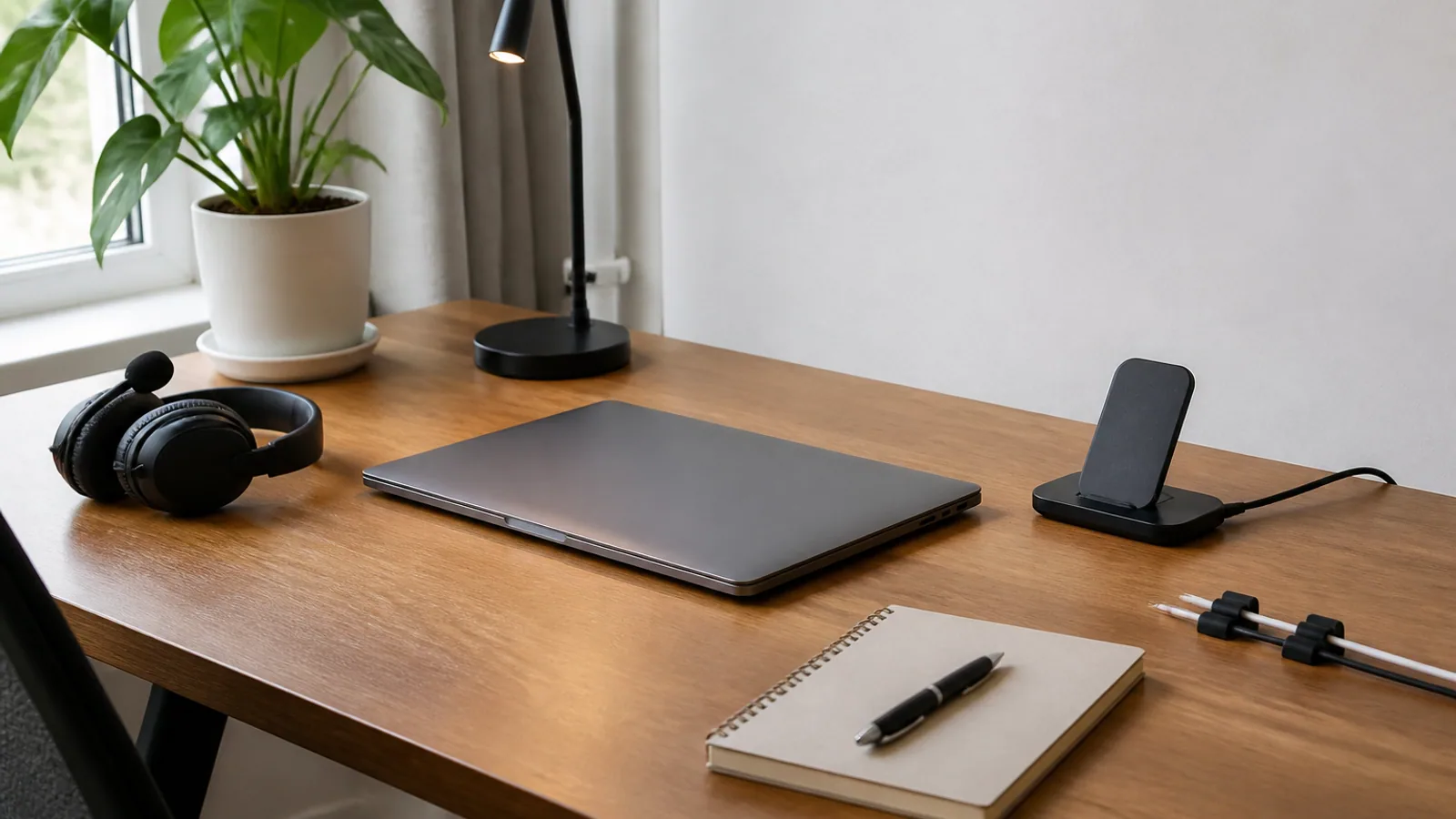 Home-office desk with a closed laptop, headset, notebook, charging dock, and neatly managed cables.