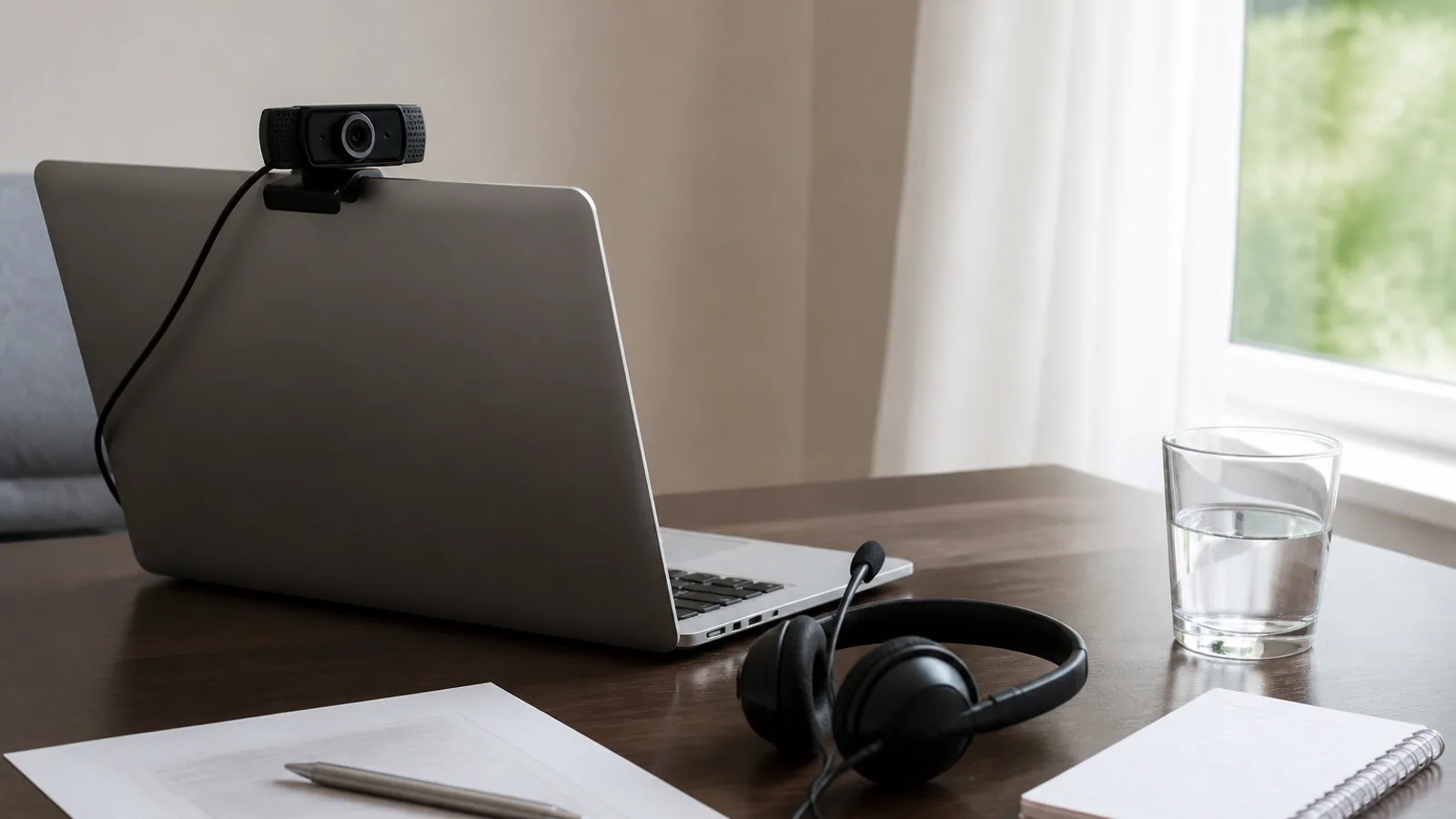 Laptop, webcam, headset, agenda, notepad, and water glass arranged on a focused meeting desk.