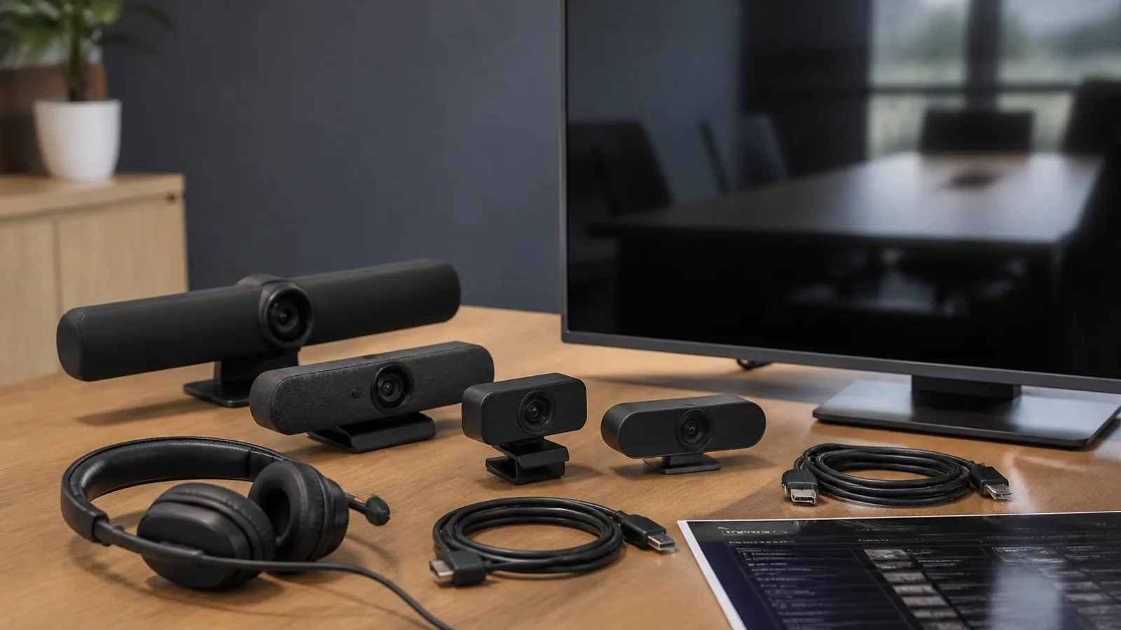 Conference webcams, cables, headset, printed chart, and dark monitor arranged on a technology workspace.