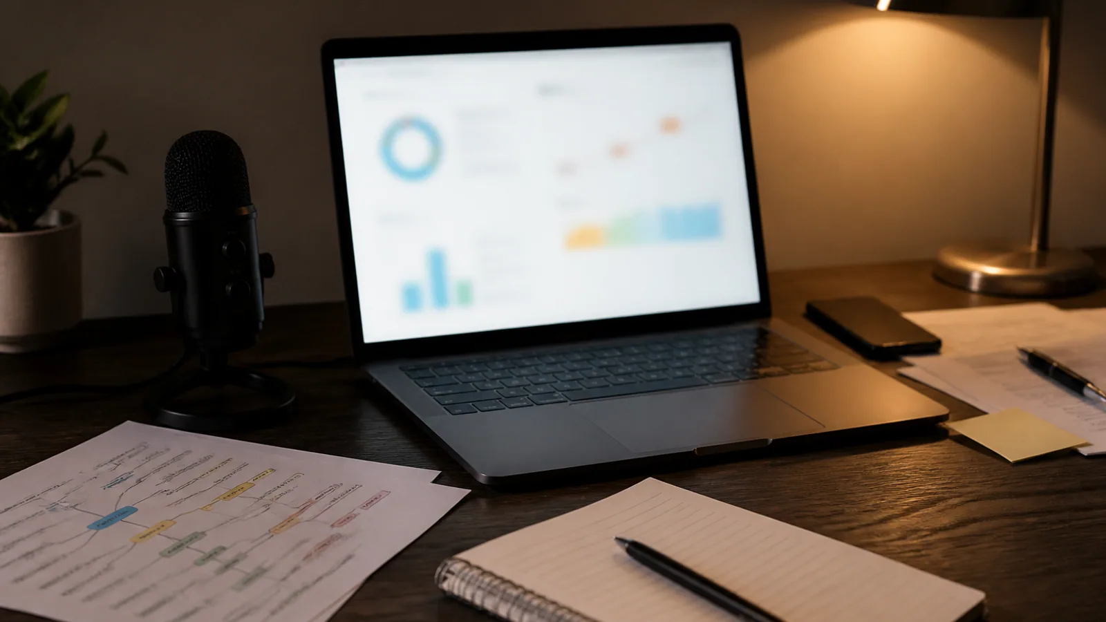 Laptop, keyword printouts, USB microphone, privacy notes, and notebook arranged on an SEO workstation.