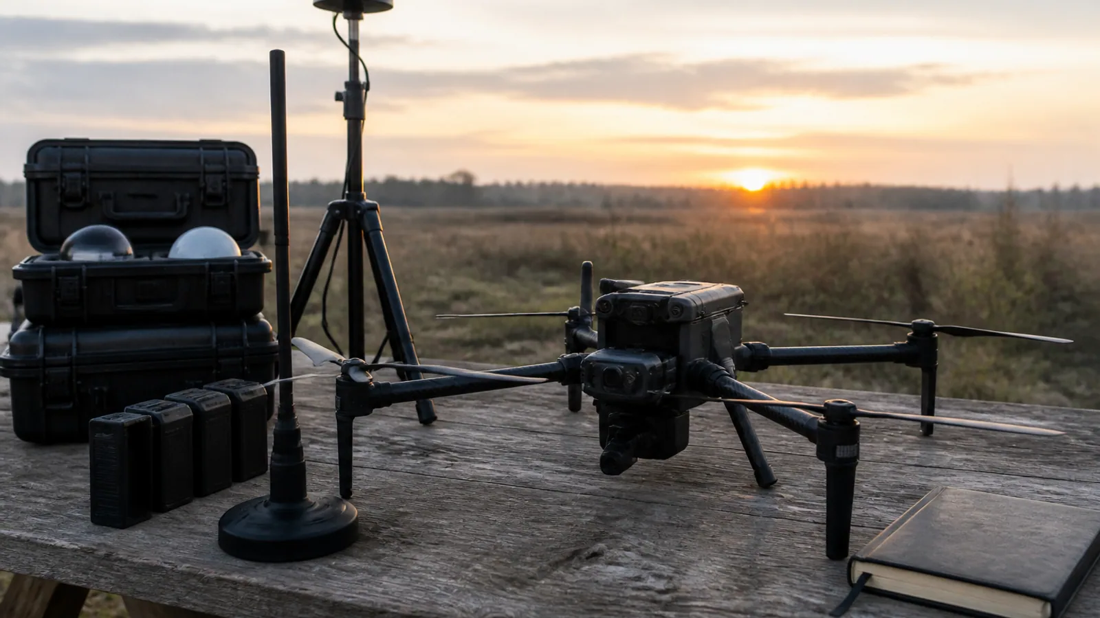 Quadcopter, sensor cases, batteries and antenna equipment sit on a weathered field bench.