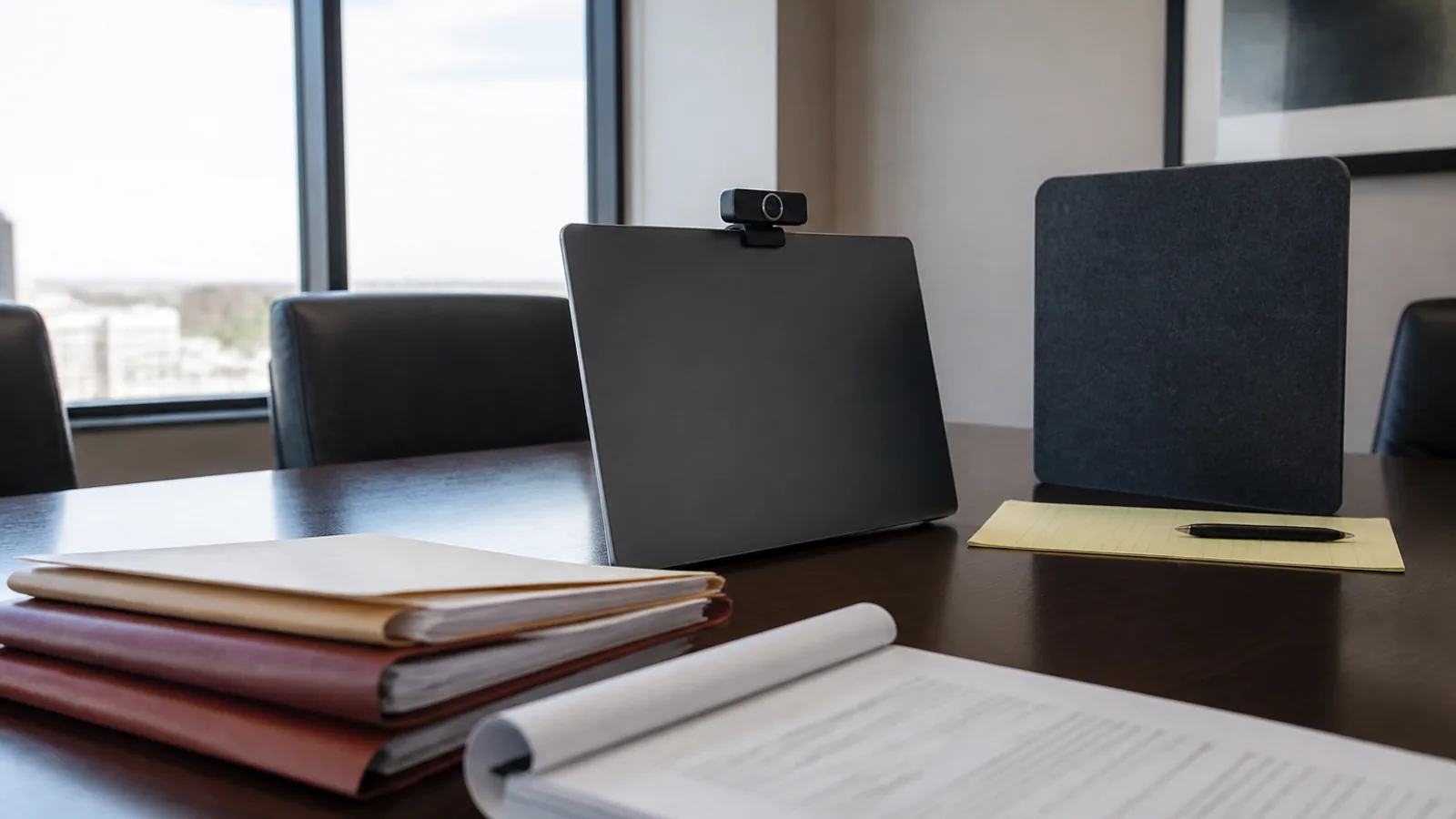 Deposition transcript, labeled exhibits, legal pads, and a closed laptop sit on a conference-room table.