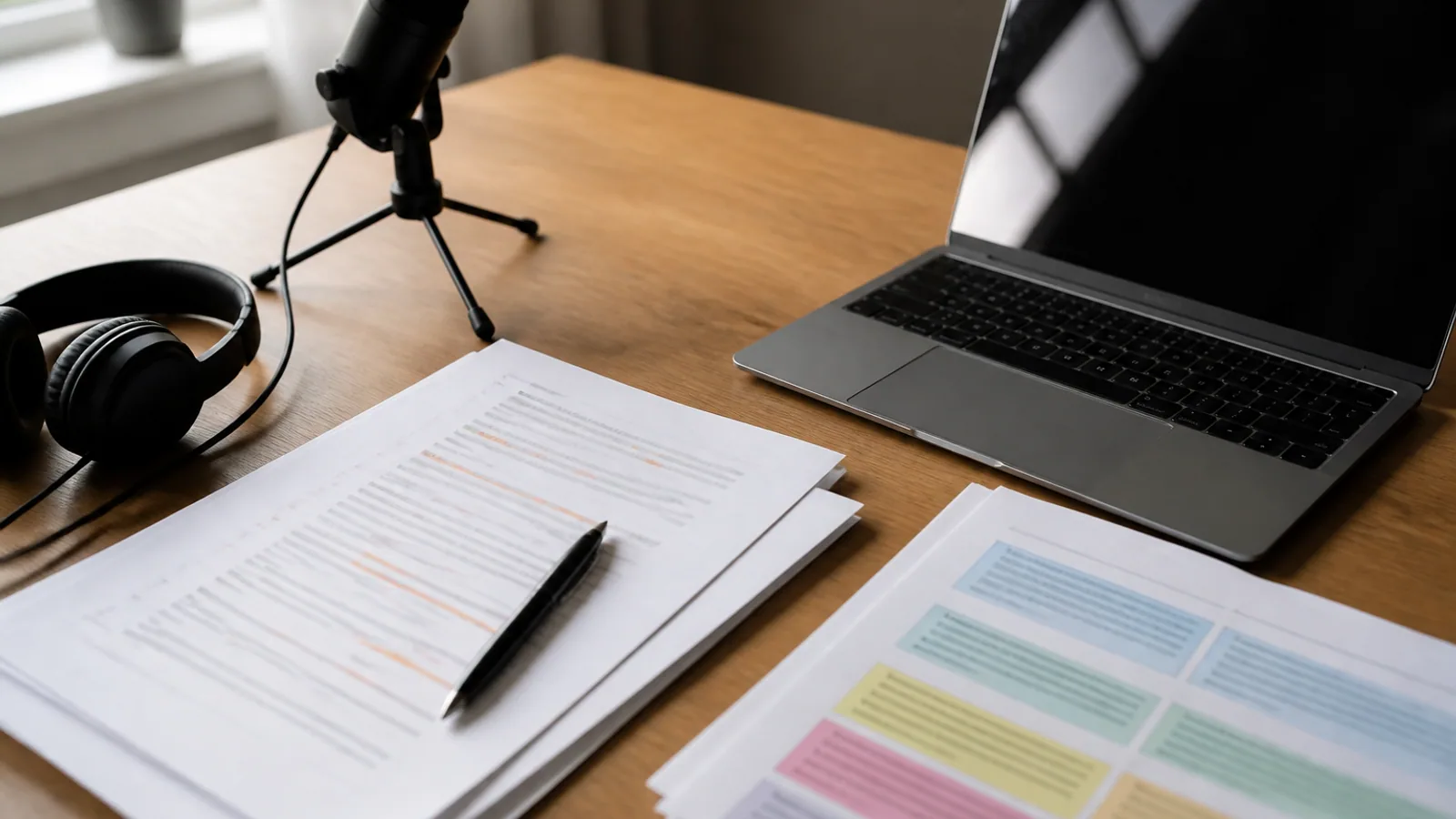 Subtitle printouts, a marked transcript, headphones, microphone, and laptop sit on a translator’s desk.