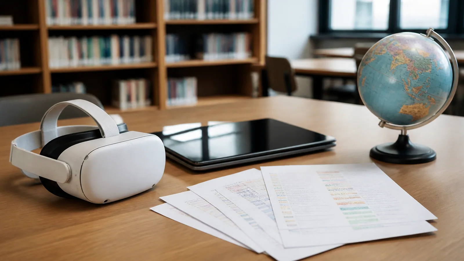 VR headset, multilingual worksheets, laptop, and globe arranged on a quiet library desk.