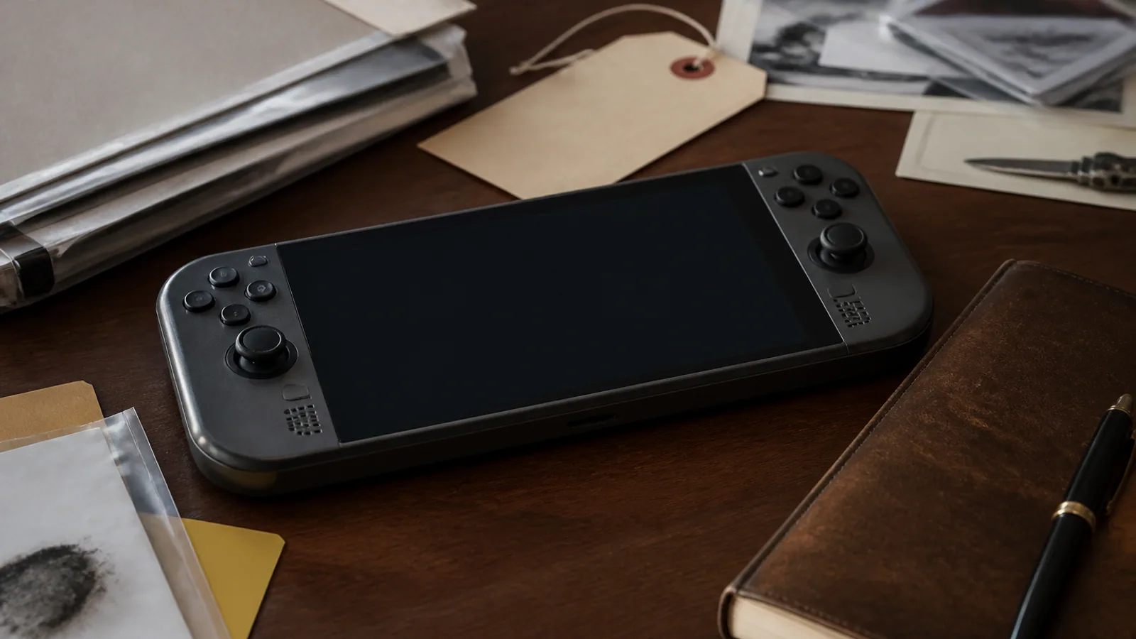 Handheld console, evidence cards, legal notebook, pen, and case files arranged on a wooden desk.