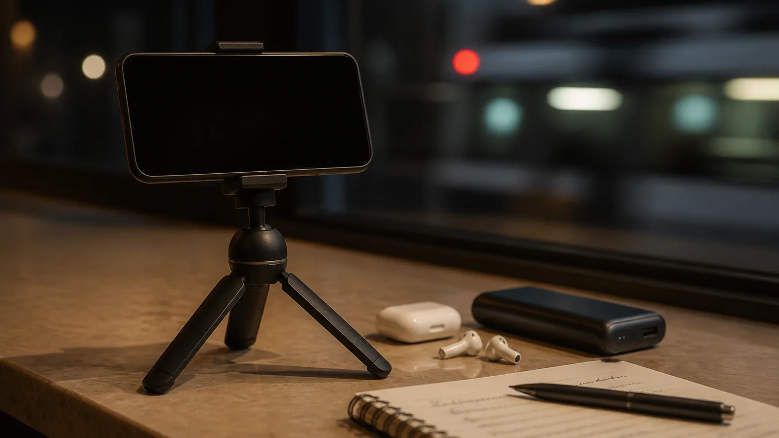 Smartphone, tripod, earbuds, power bank, and handwritten notes sit on a café counter.