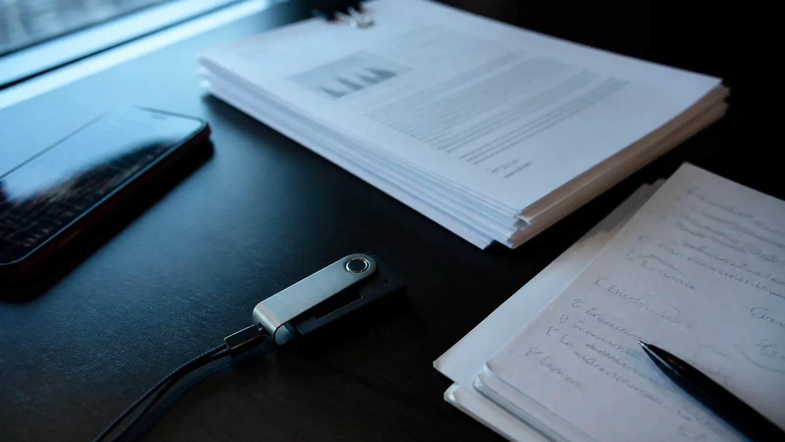 Hardware wallet, regulatory papers, partnership notes, and a reflective phone sit on a dark desk.