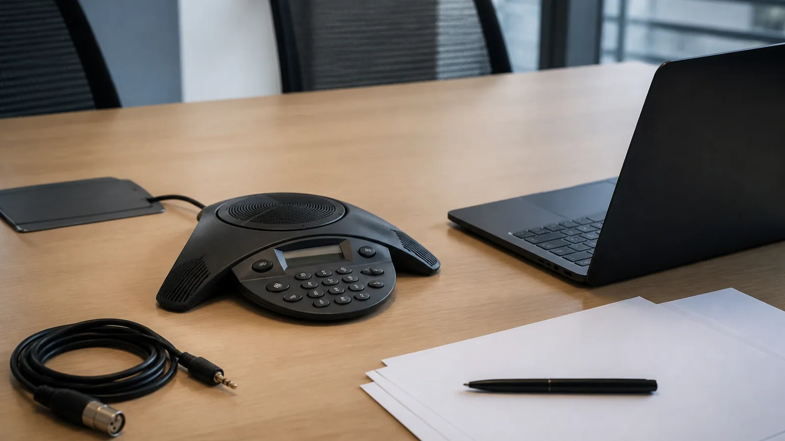 Speakerphone, cables, printed notes, and a dark laptop rest on a meeting-room table.