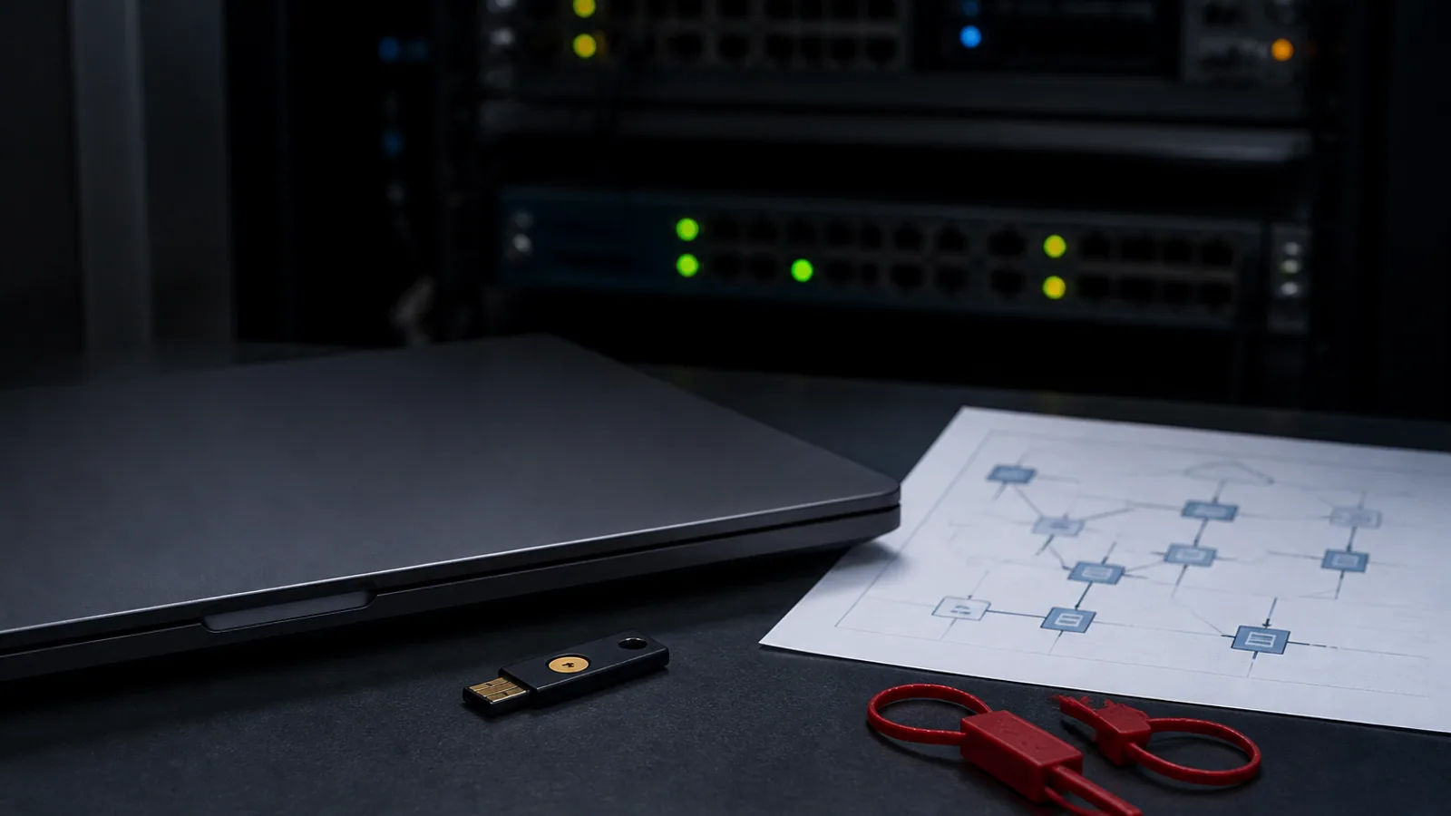 Laptop, hardware security key, network diagram, tamper seals, and blurred firewall equipment on a dark workstation.