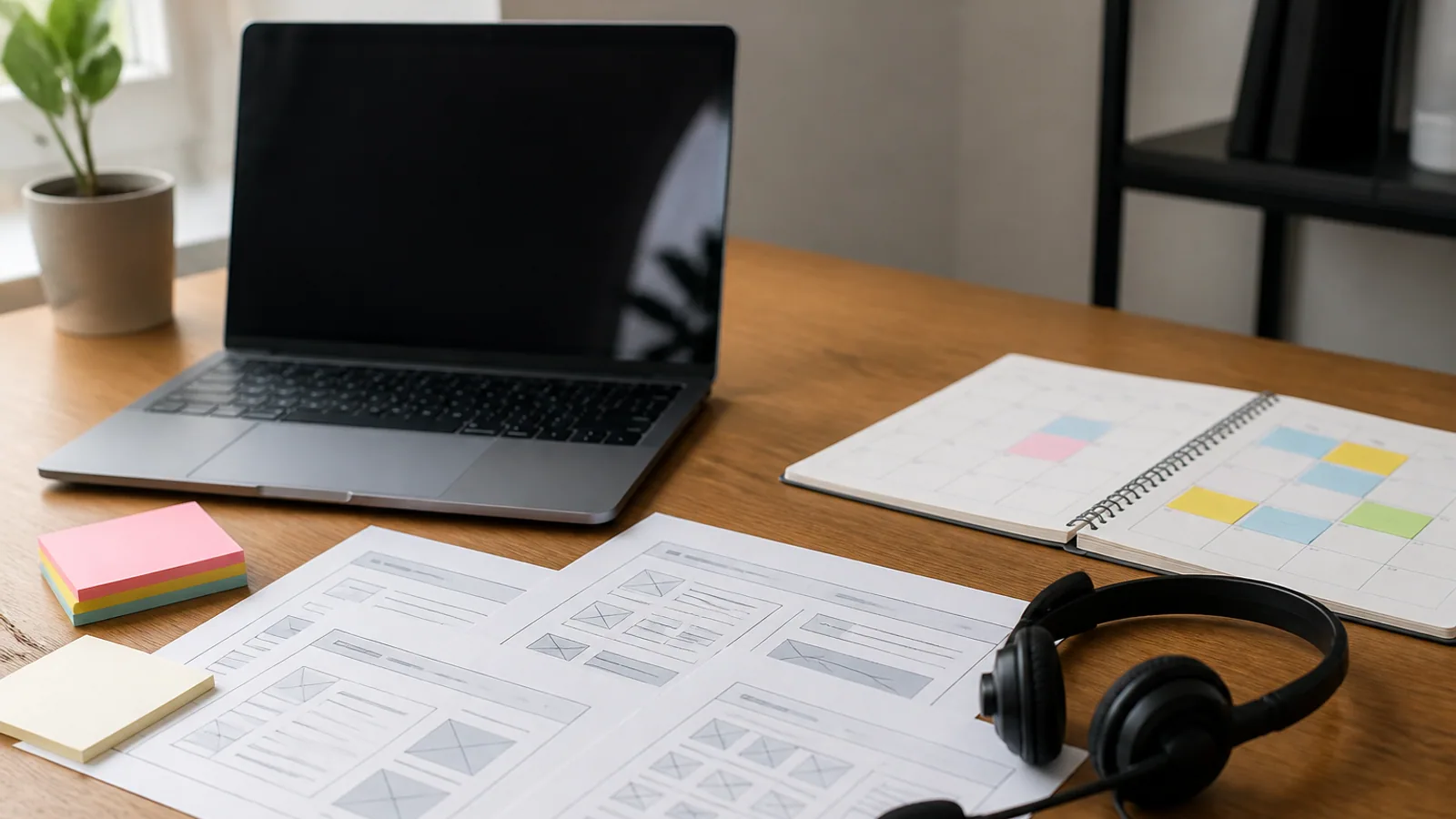 Laptop, wireframes, content calendar, sticky notes, and headset arranged on a marketing workspace.