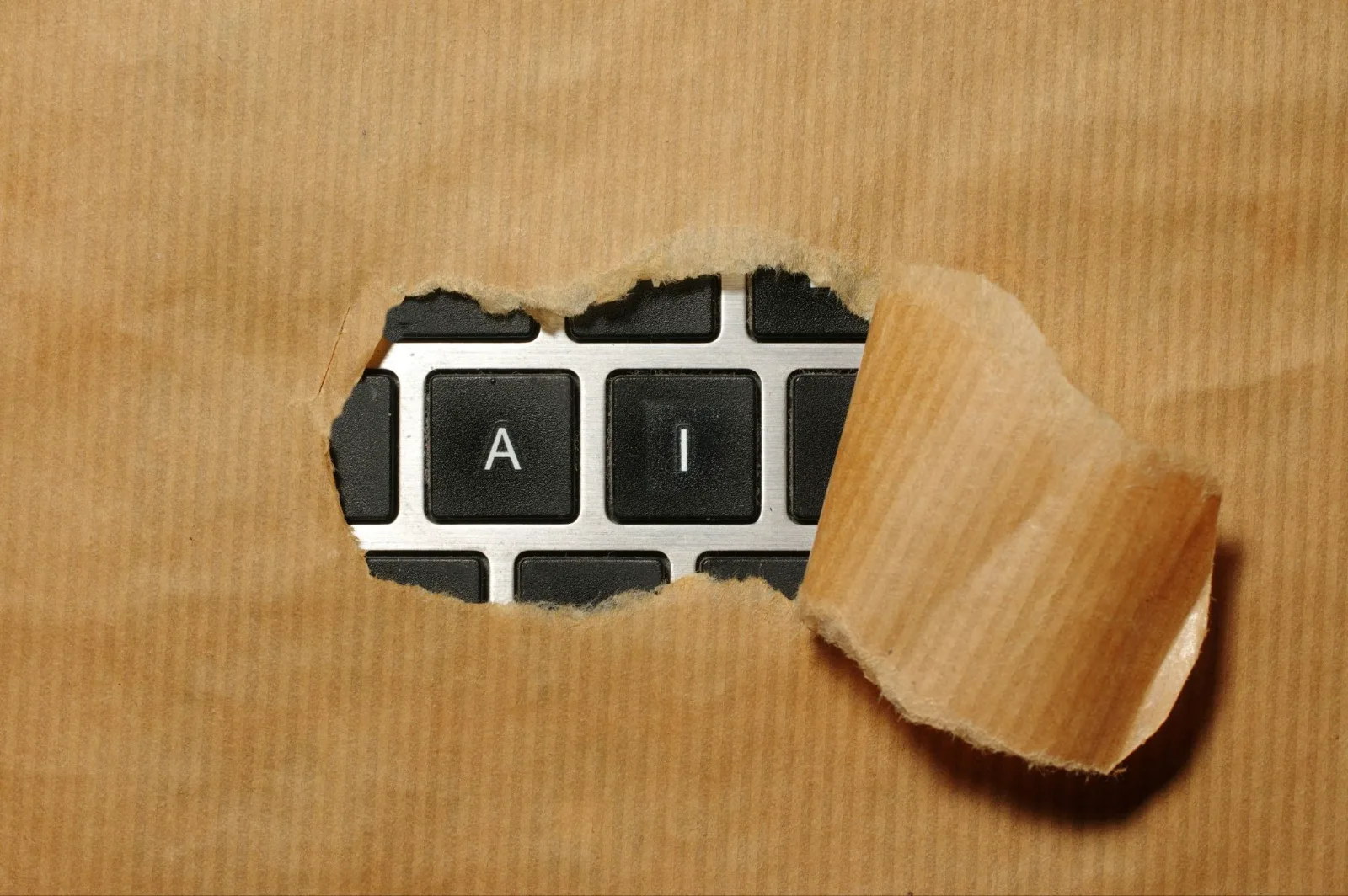 Keyboard partially visible through torn cardboard, with a peeled flap curling outward on the right.
