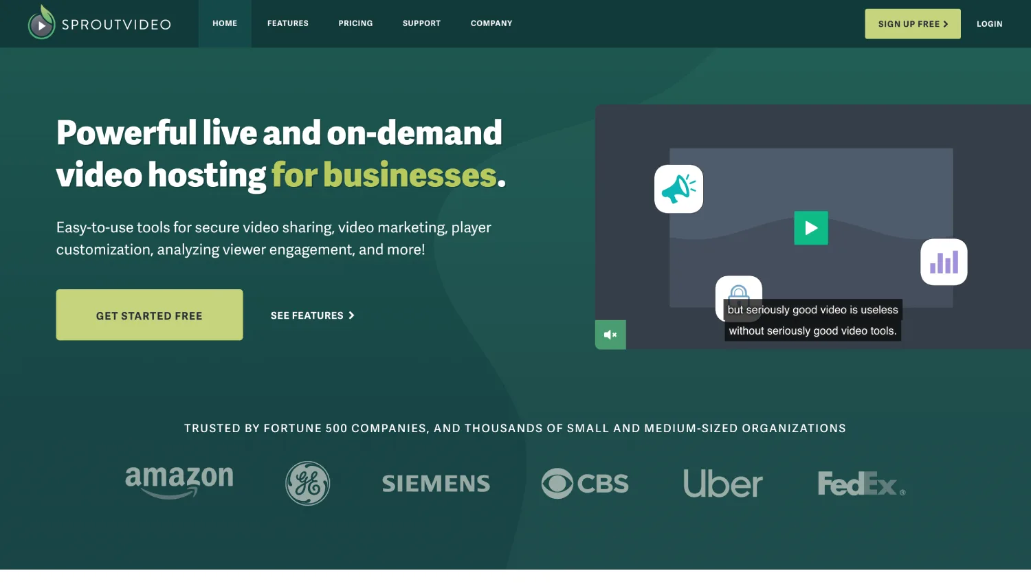 Website homepage shows SproutVideo’s business video hosting headline, navigation, calls to action, video player graphic, and client logos.