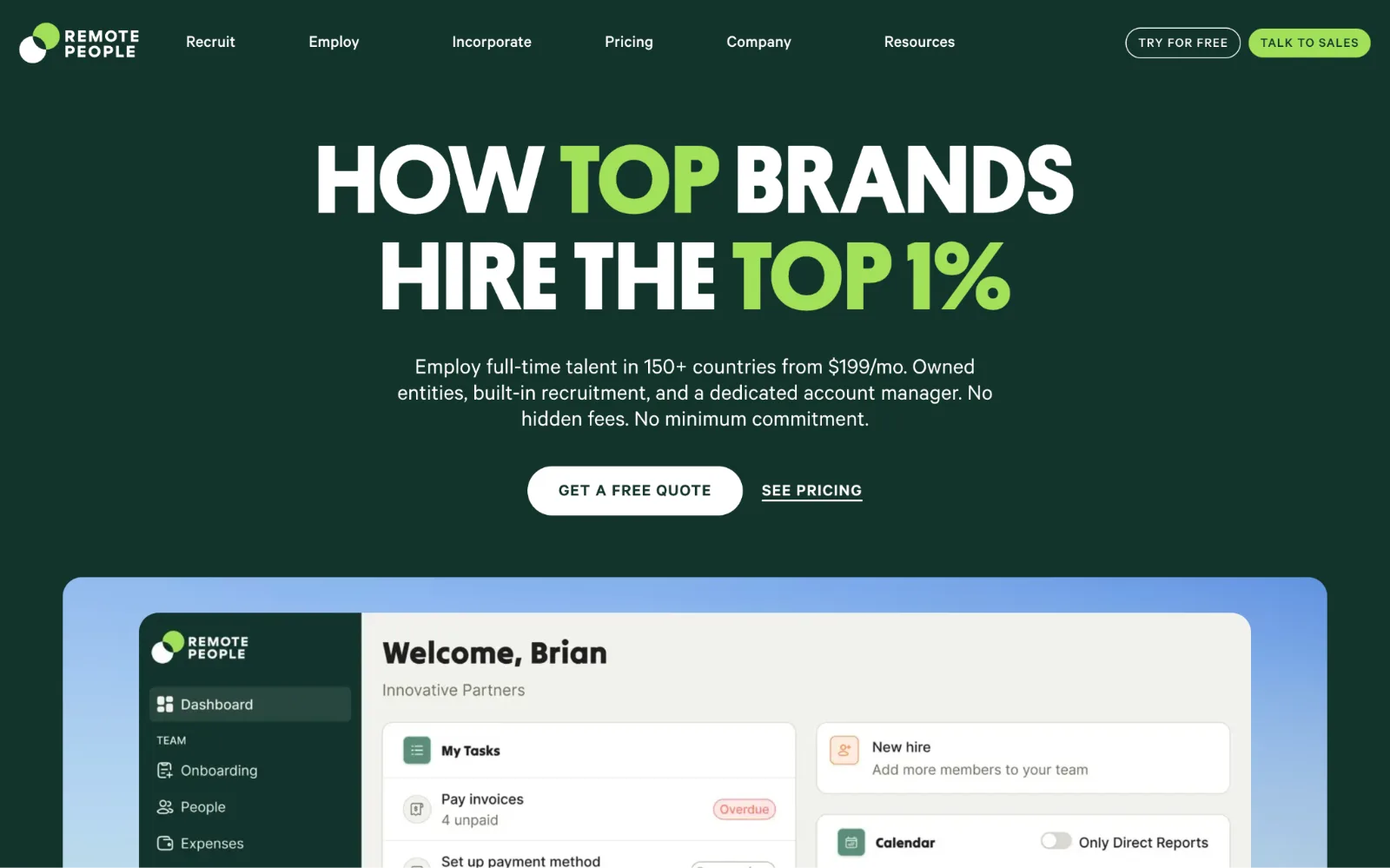 Website landing page shows a dark green hiring headline, navigation, call-to-action buttons, and a recruitment dashboard preview.