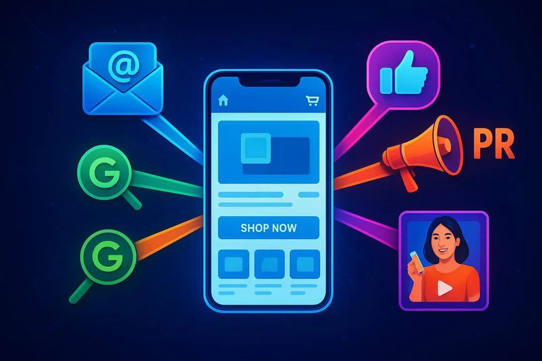 Smartphone displays a shopping page with “SHOP NOW,” connected to email, Google searches, approval, PR, and woman’s video.