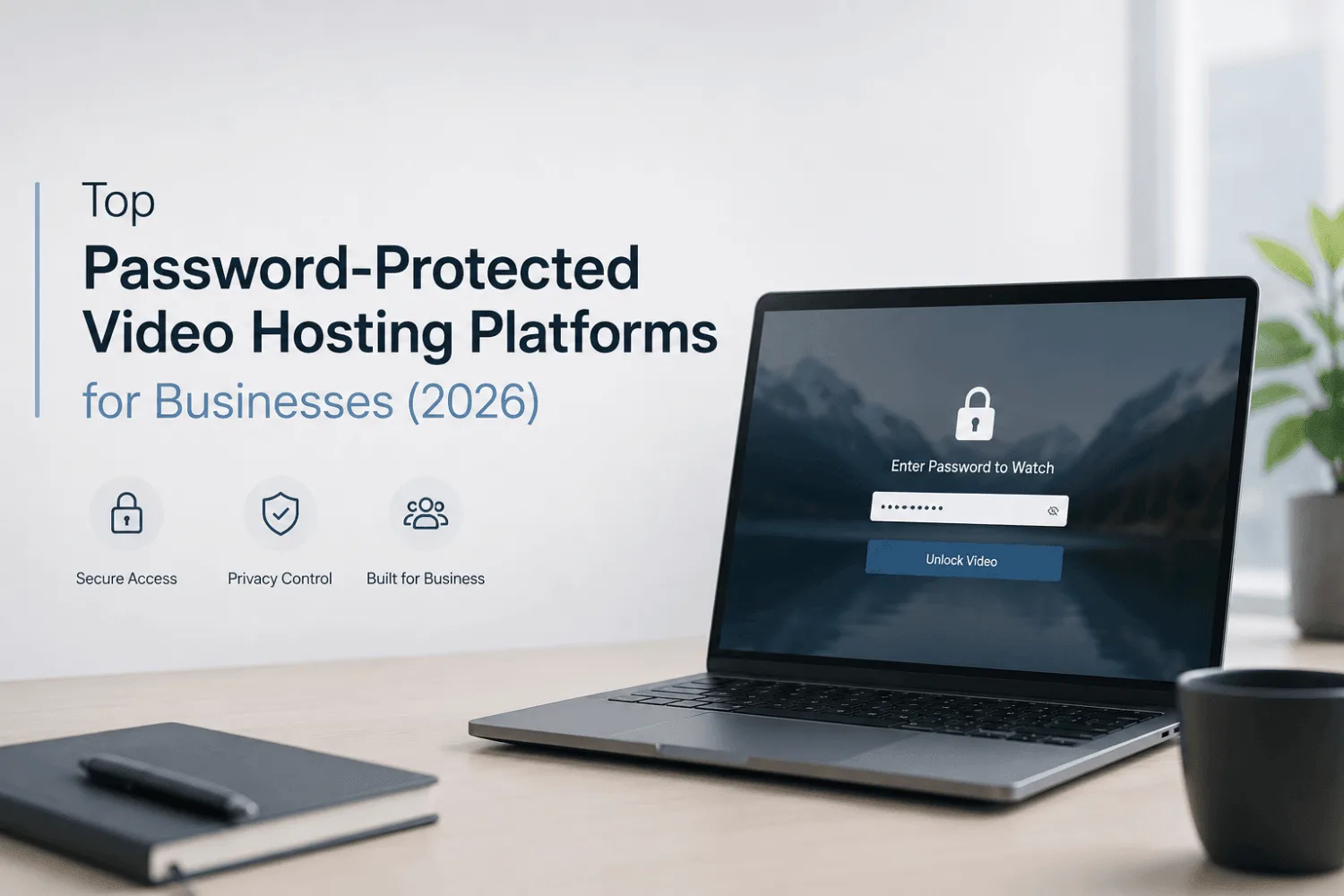 Laptop displays a password-protected video player beside text about secure video hosting platforms for businesses.
