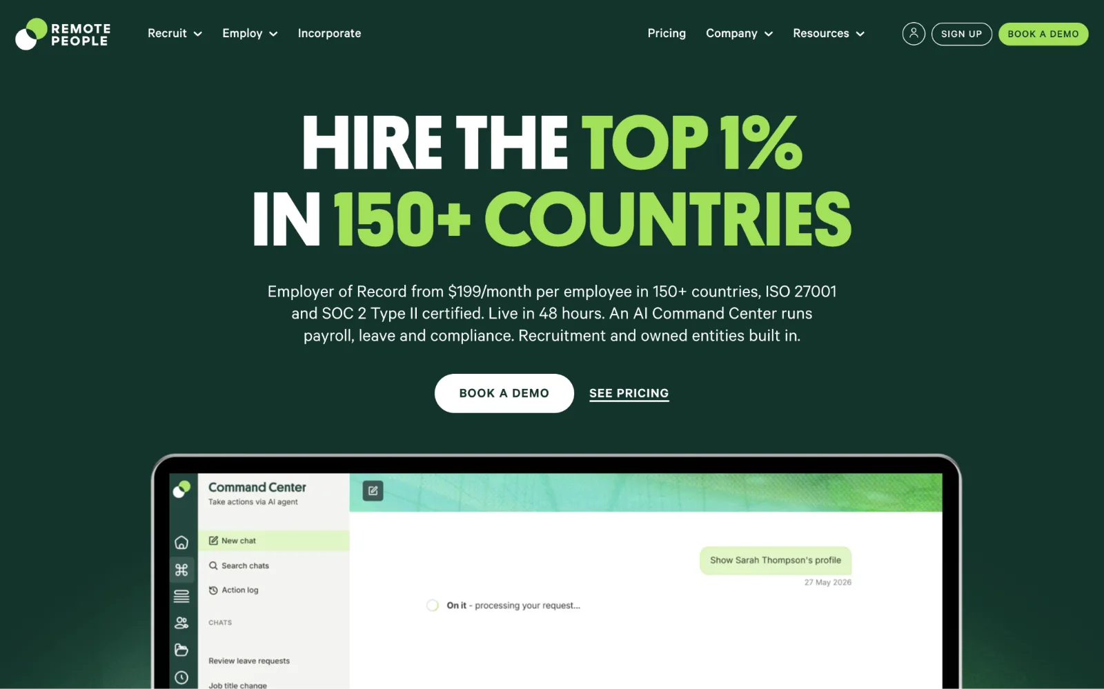 Website landing page shows Remote People branding, large hiring headline, navigation, call-to-action buttons, and a laptop interface preview.