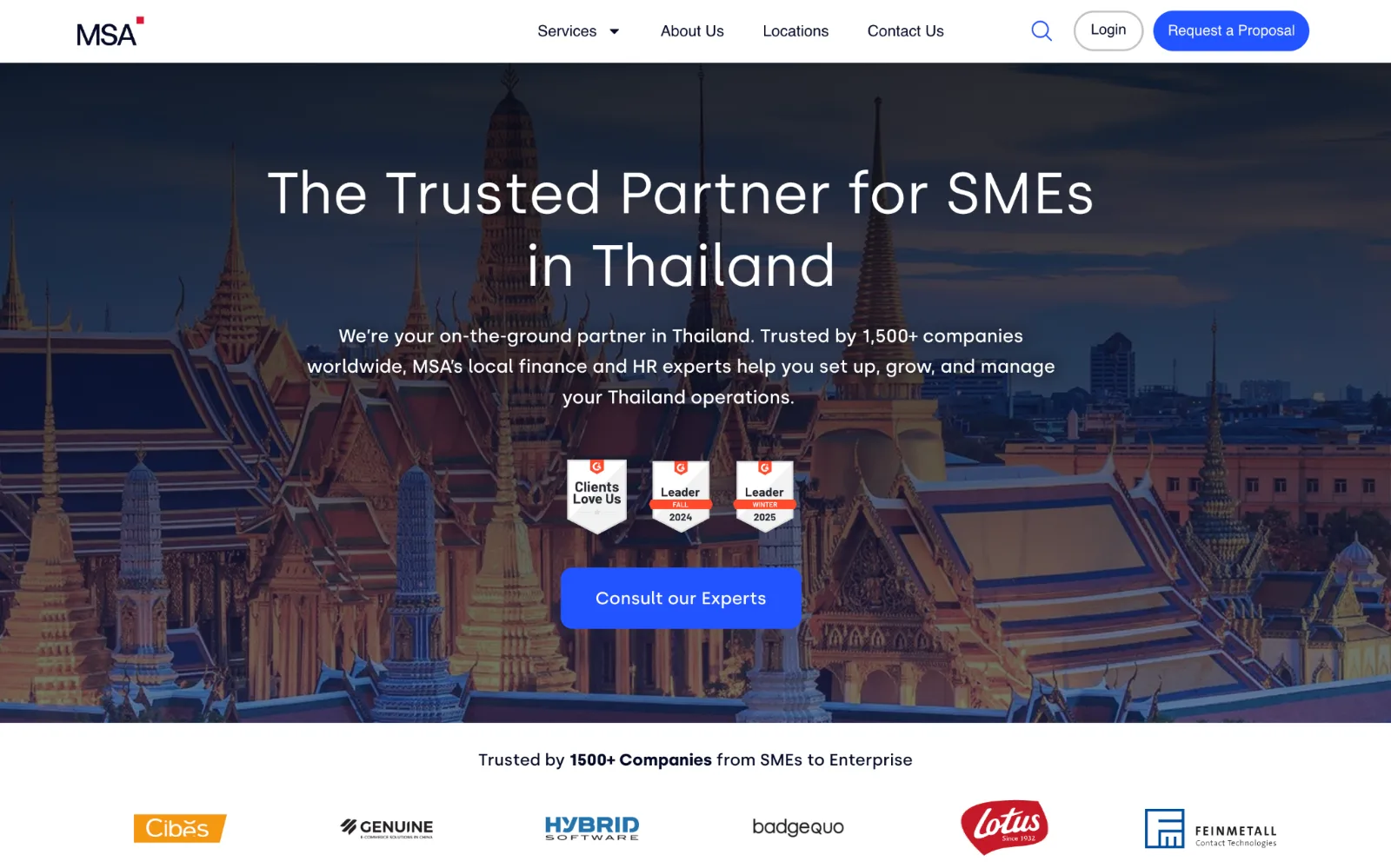 Website homepage shows a darkened Thai temple cityscape behind centered text, award badges, a blue consultation button, and client logos below.