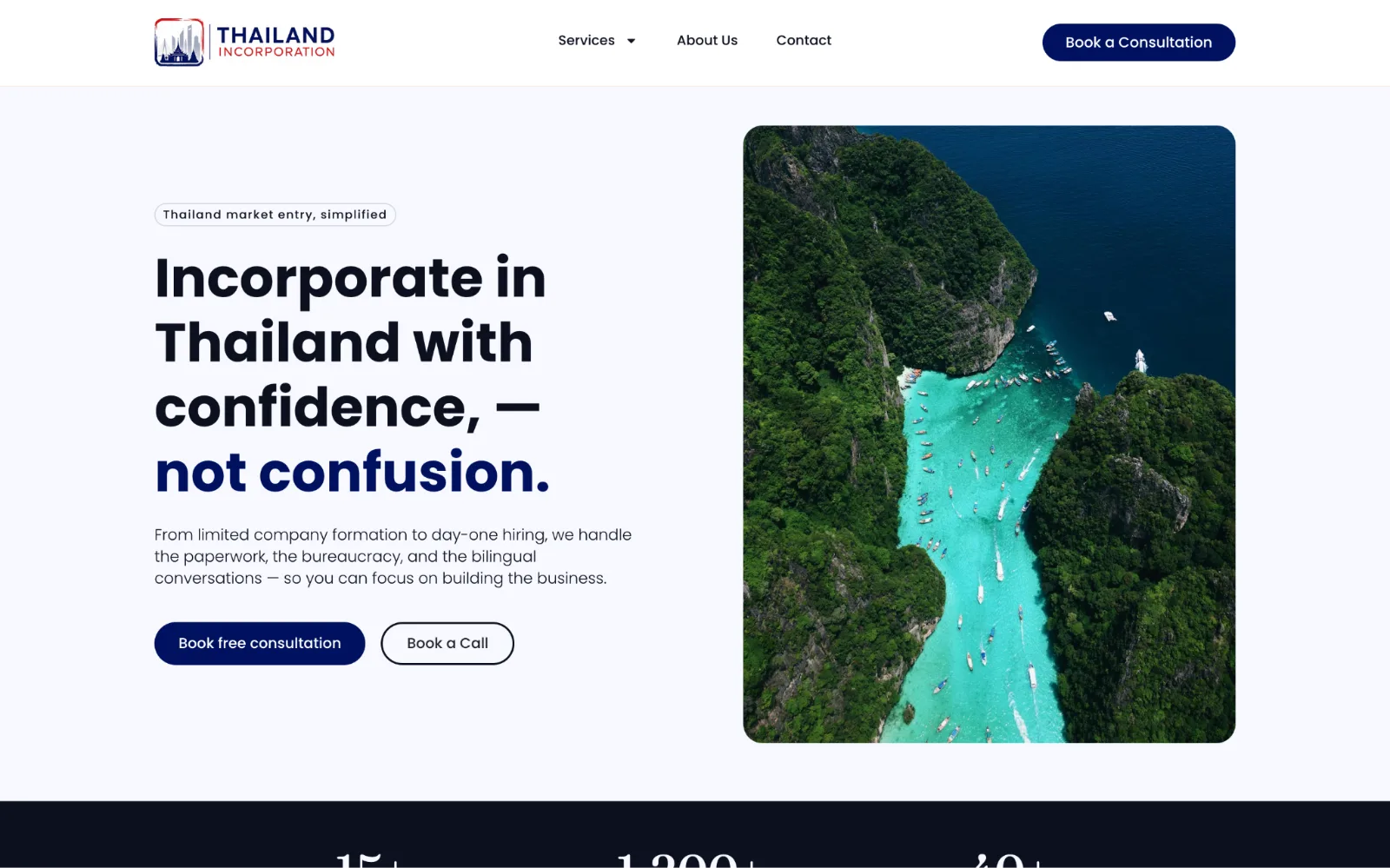 Website landing page shows Thailand incorporation text, navigation, consultation buttons, and an aerial turquoise-bay photograph.