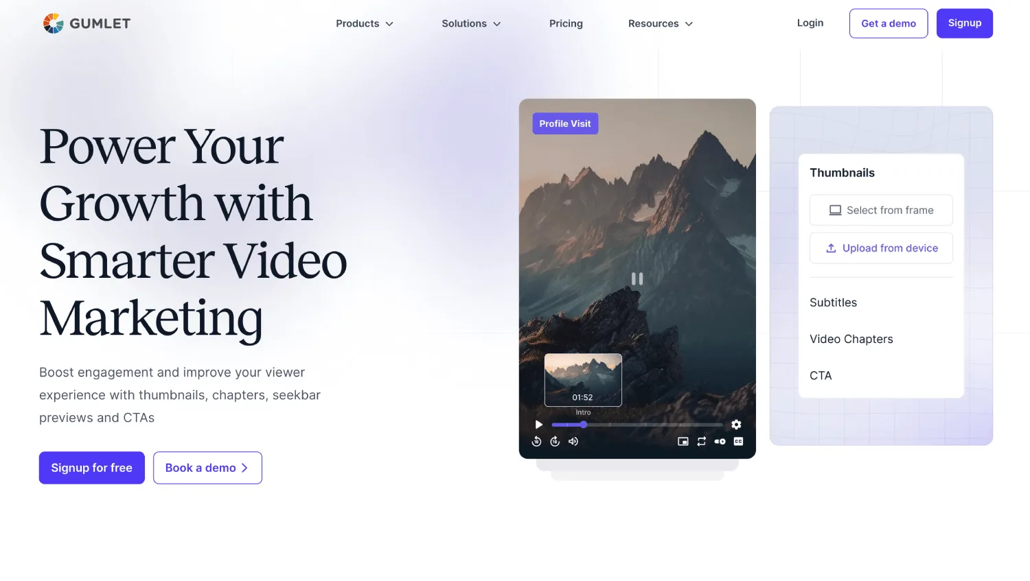 Website landing page displays a mountain video player, thumbnail controls, marketing text, and purple call-to-action buttons.