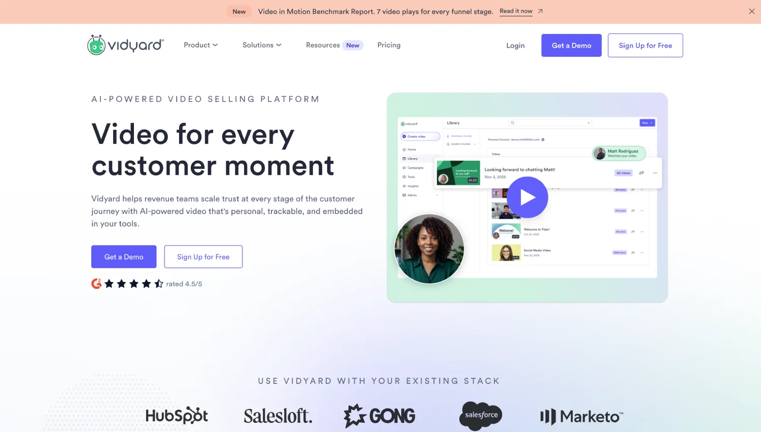 Vidyard webpage displays headline, navigation, buttons, video-platform preview with play icon, and partner logos.