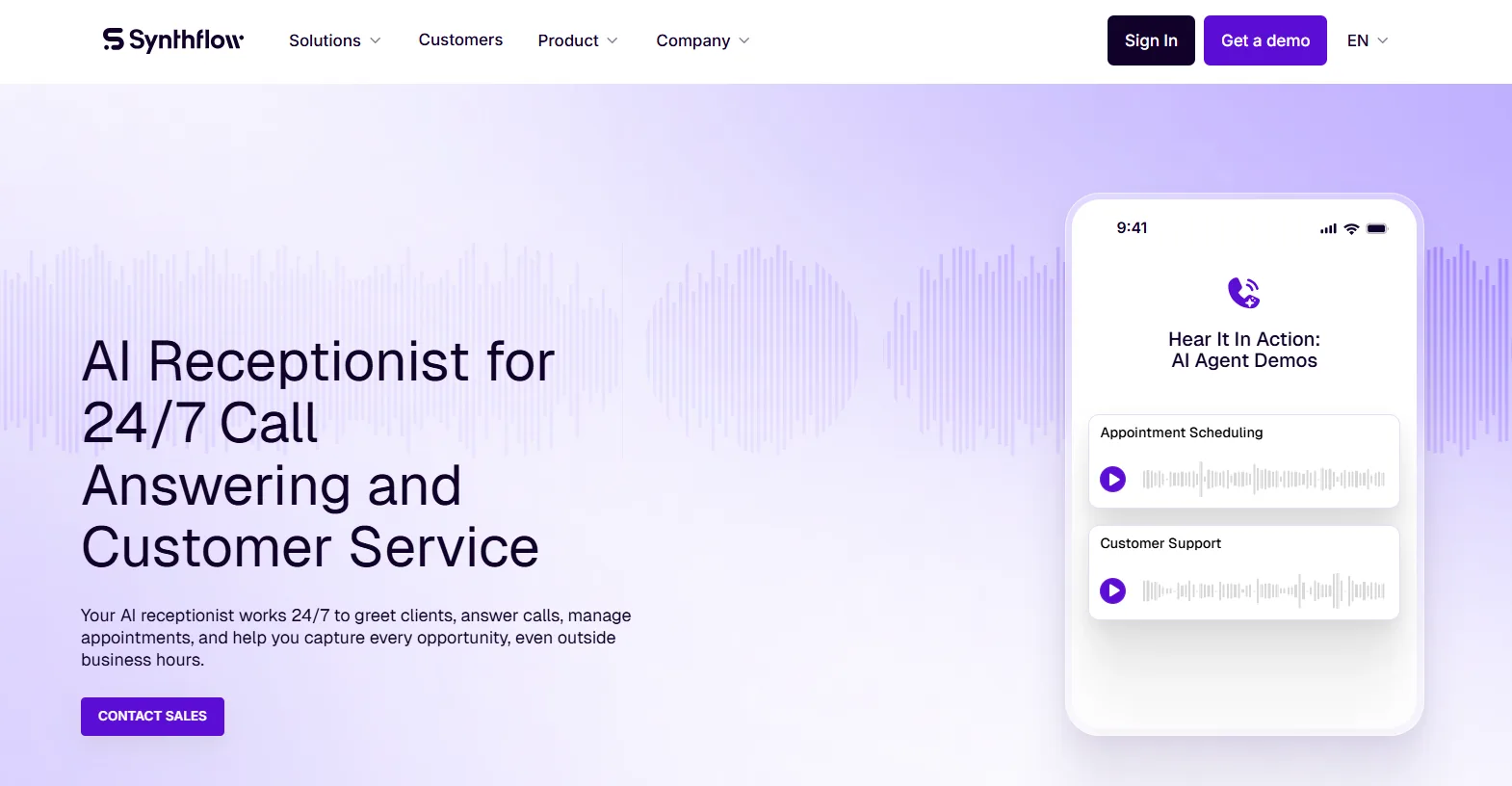 Website landing page shows AI receptionist text beside a smartphone mockup with call recordings and purple audio waveforms.