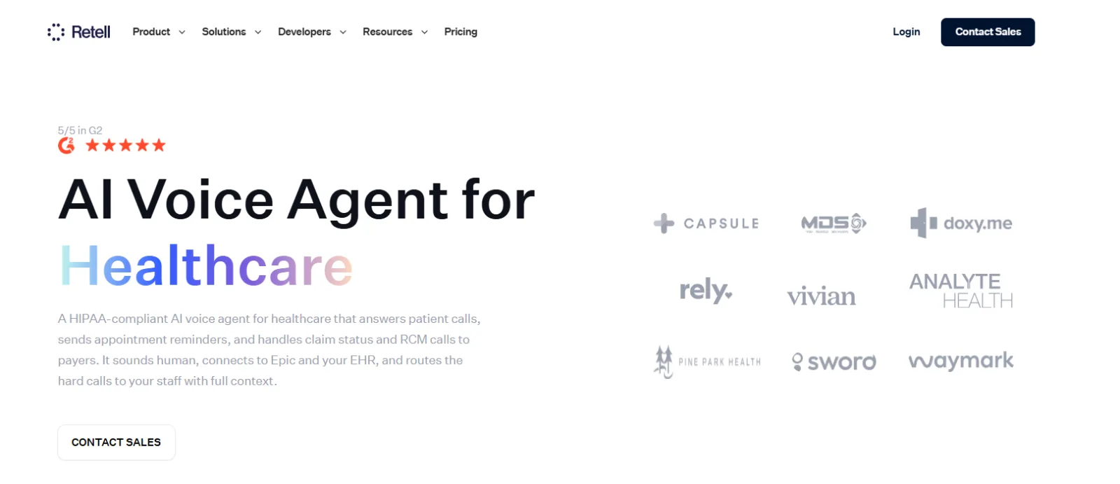 Website hero section shows Retell’s AI voice agent for healthcare, gradient headline, navigation, contact button, and healthcare company logos.