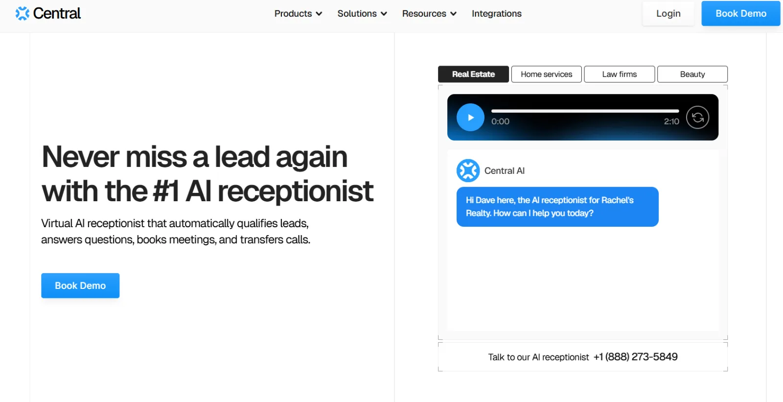Website landing page displays Central’s AI receptionist headline, blue demo button, industry tabs, audio player, and chat panel.