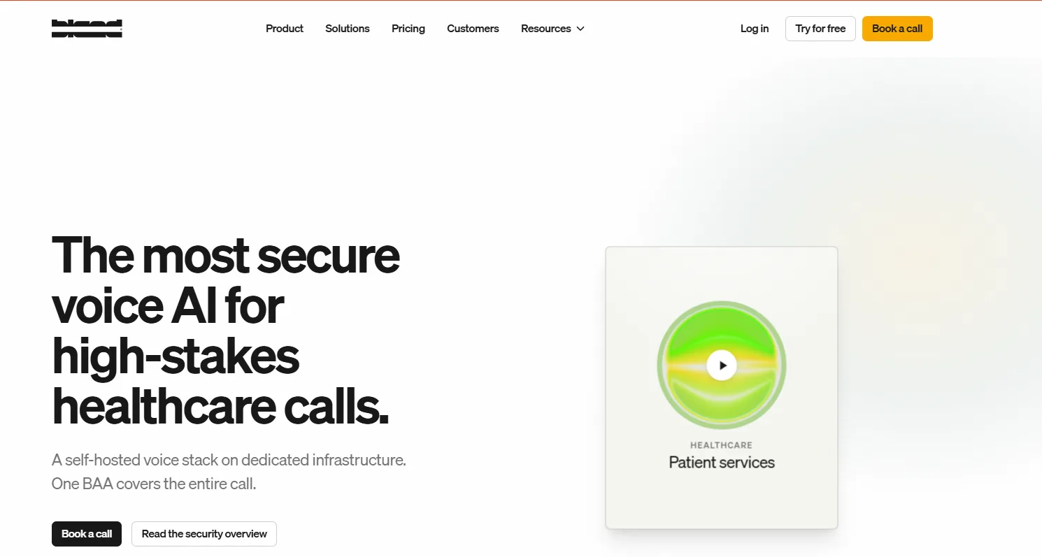 Website landing page shows bold healthcare voice AI headline, navigation, call-to-action buttons, and a green patient services video card.