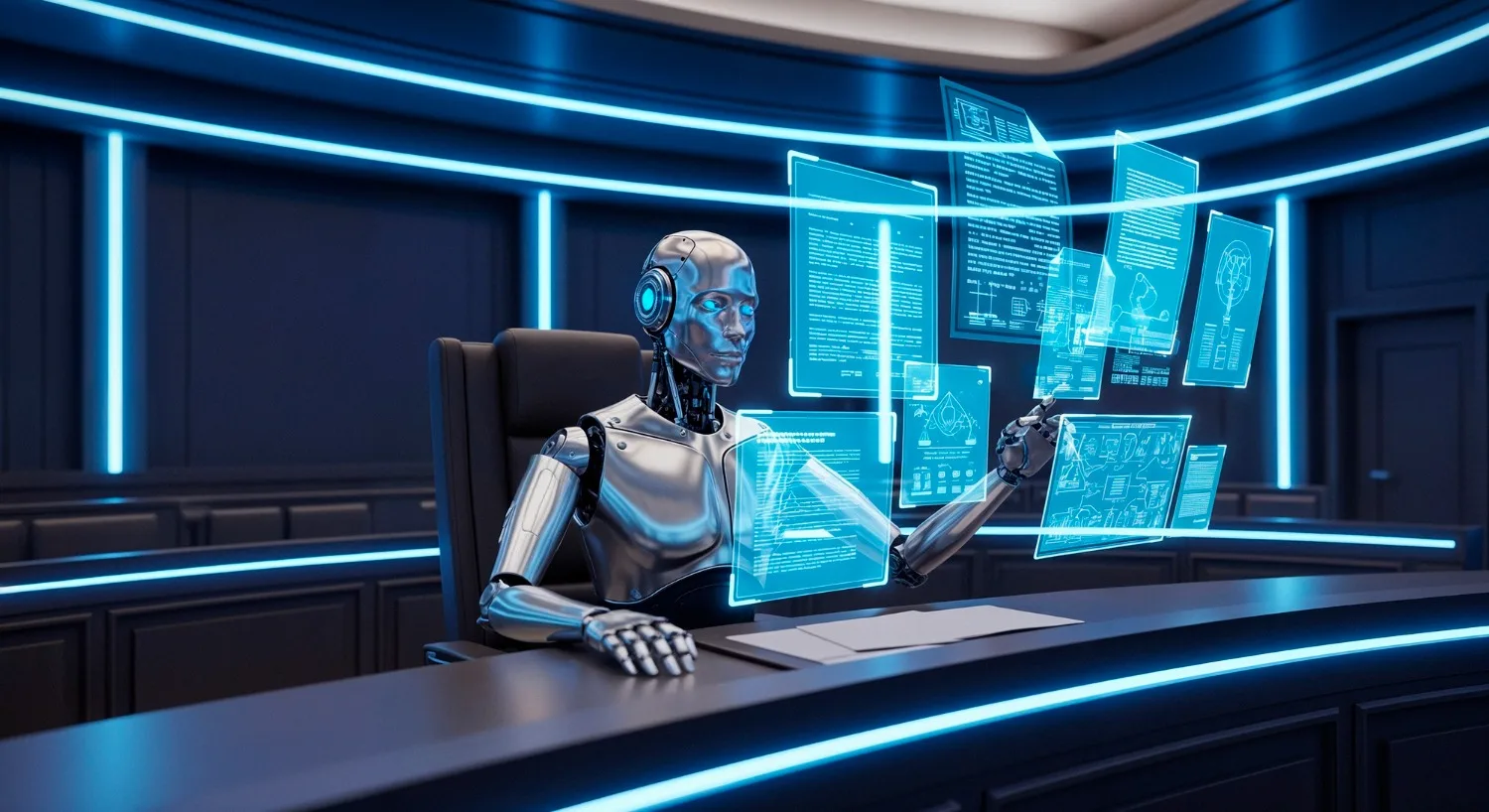 Robot sits at a desk, gesturing toward multiple holographic blue screens in a dark, futuristic room.